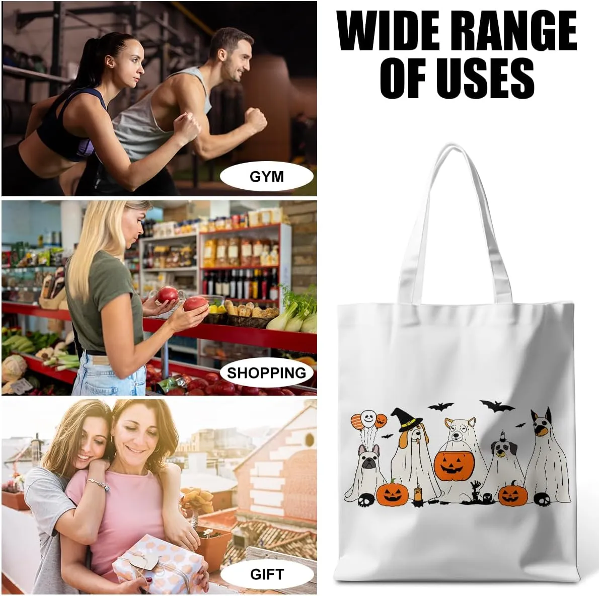 Halloween Stuff Skull Ghost Tote Bag Cat Lover Gifts for Fall Reusable Grocery Bags Wildflower Cute Tote
