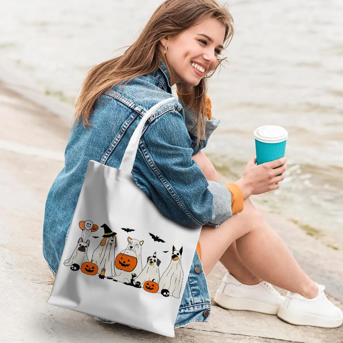 Halloween Stuff Skull Ghost Tote Bag Cat Lover Gifts for Fall Reusable Grocery Bags Wildflower Cute Tote