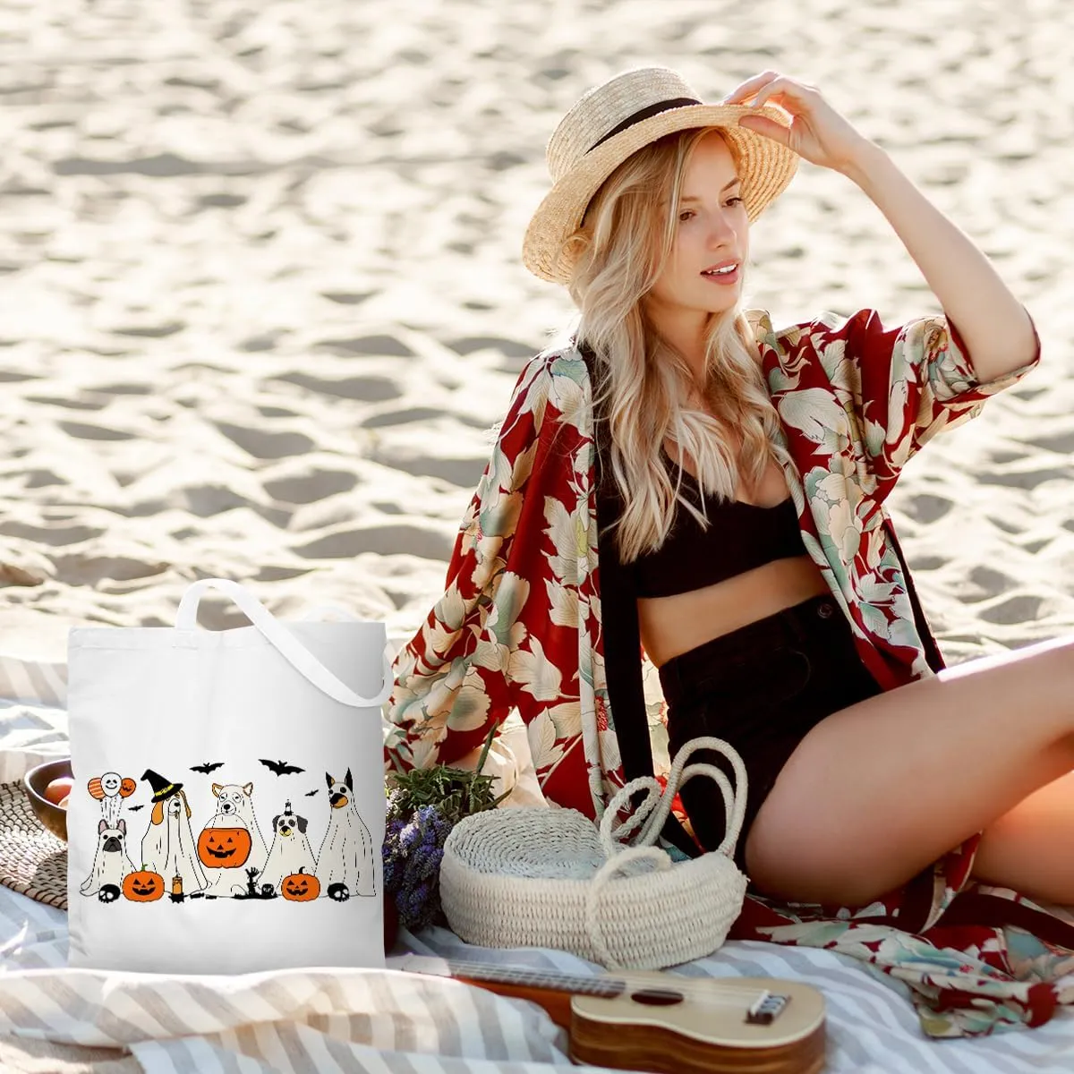 Halloween Stuff Skull Ghost Tote Bag Cat Lover Gifts for Fall Reusable Grocery Bags Wildflower Cute Tote
