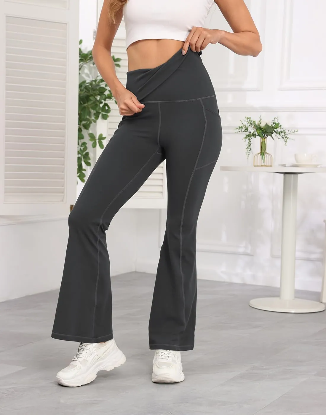 HDE Women's Fold Over Yoga Pants with Pockets High Waist Flare Workout Leggings