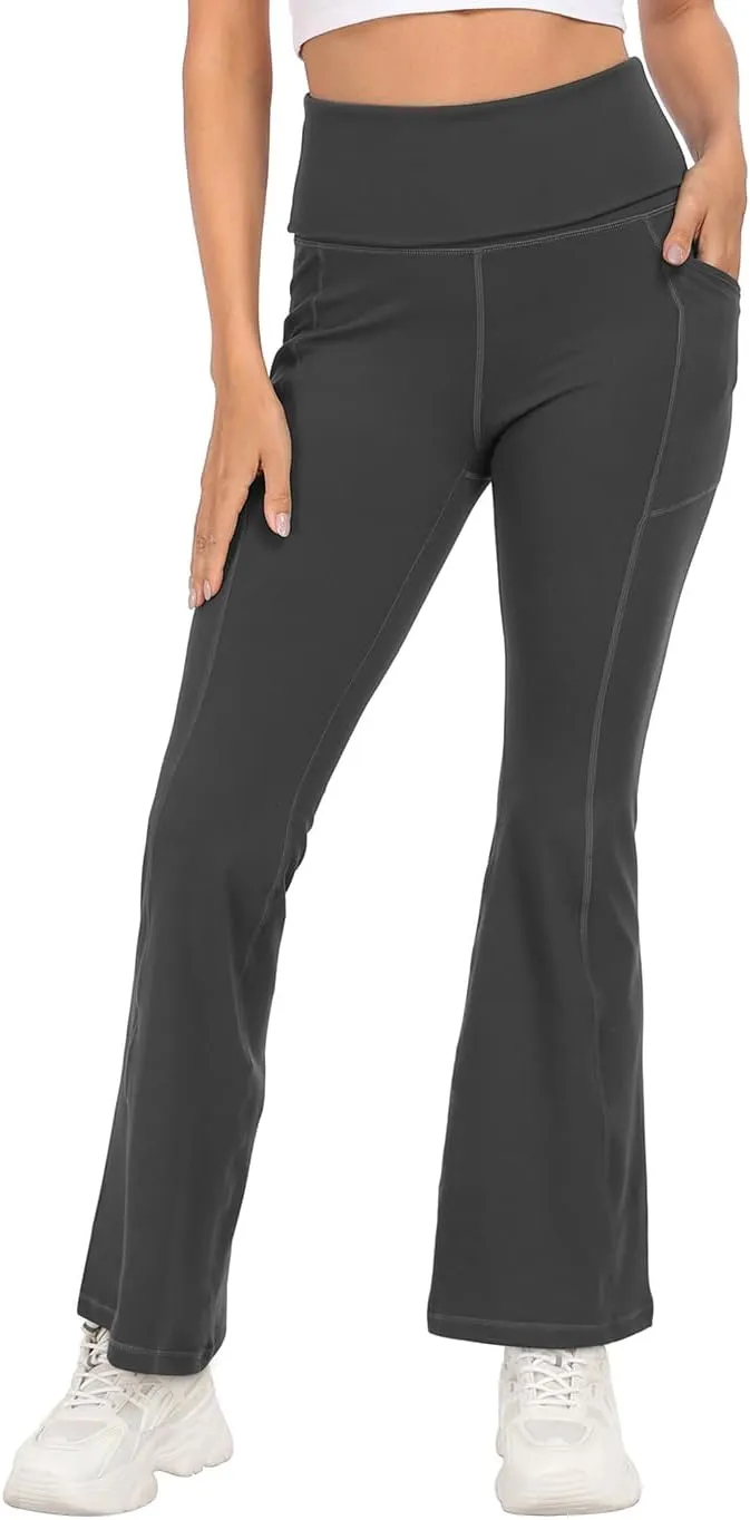 HDE Women's Fold Over Yoga Pants with Pockets High Waist Flare Workout Leggings