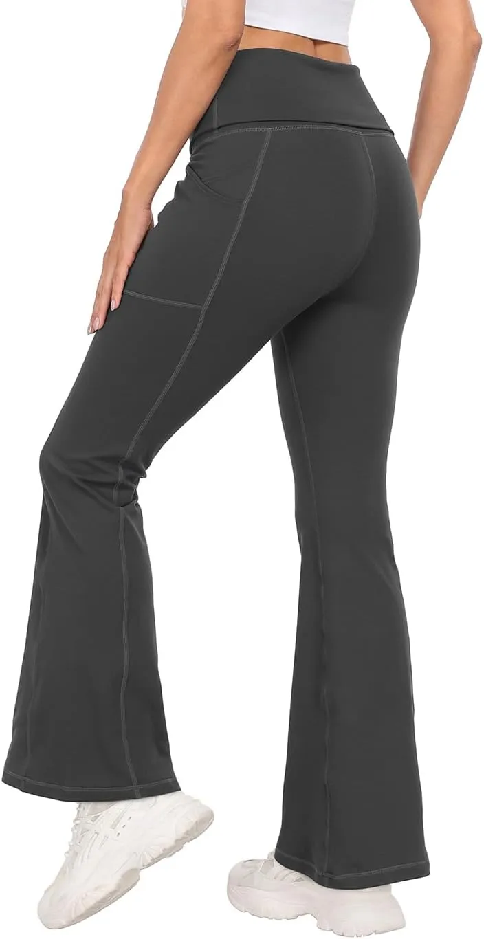 HDE Women's Fold Over Yoga Pants with Pockets High Waist Flare Workout Leggings