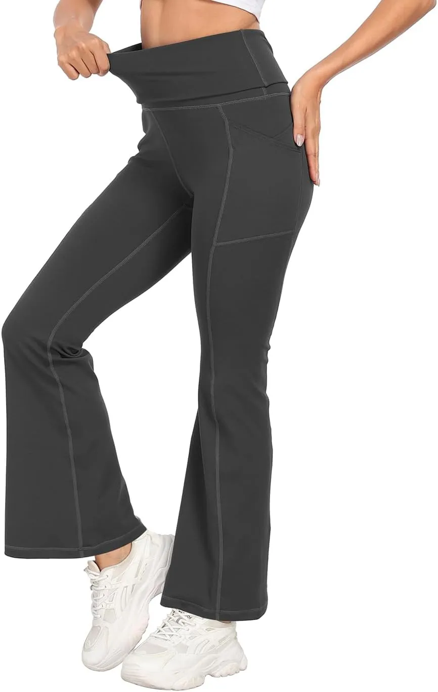 HDE Women's Fold Over Yoga Pants with Pockets High Waist Flare Workout Leggings