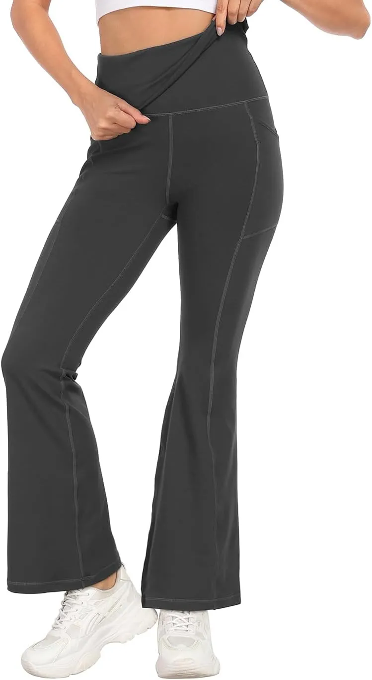 HDE Women's Fold Over Yoga Pants with Pockets High Waist Flare Workout Leggings