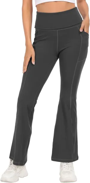 HDE Women's Fold Over Yoga Pants with Pockets High Waist Flare Workout Leggings