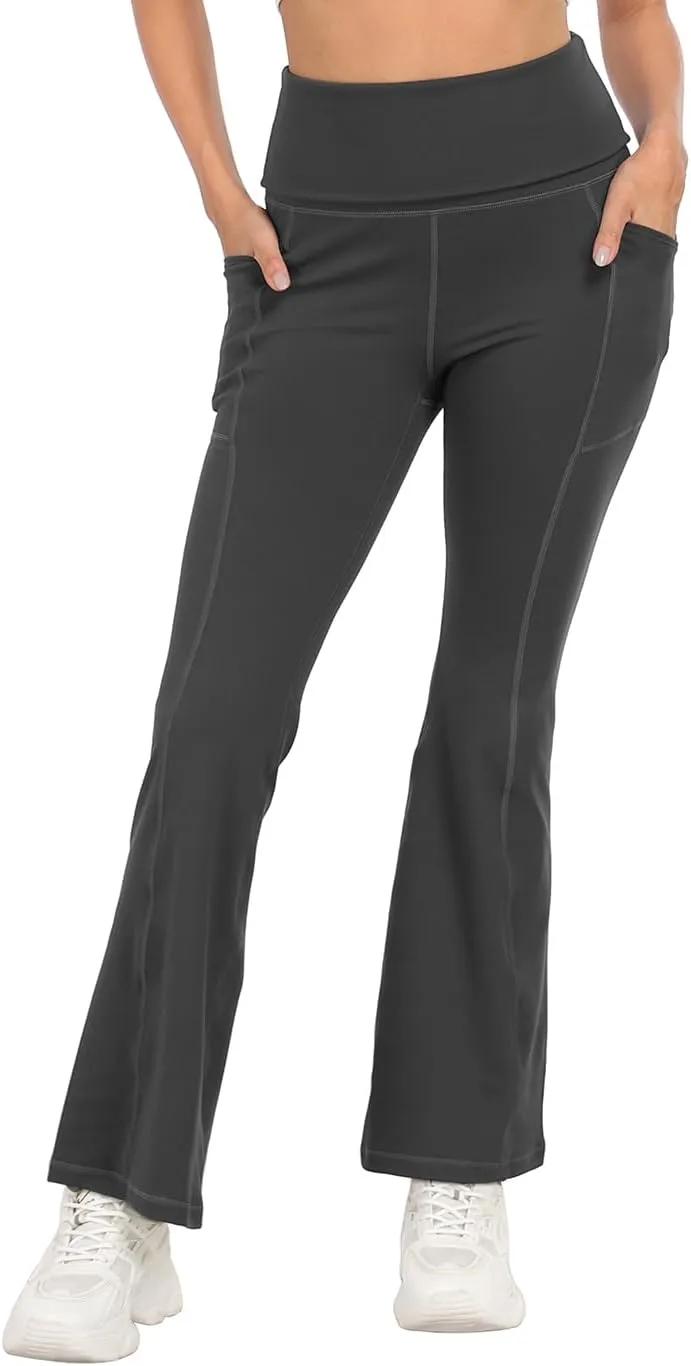 HDE Women's Fold Over Yoga Pants with Pockets High Waist Flare Workout Leggings