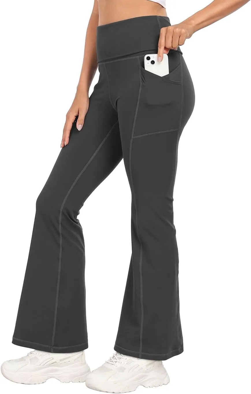 HDE Women's Fold Over Yoga Pants with Pockets High Waist Flare Workout Leggings