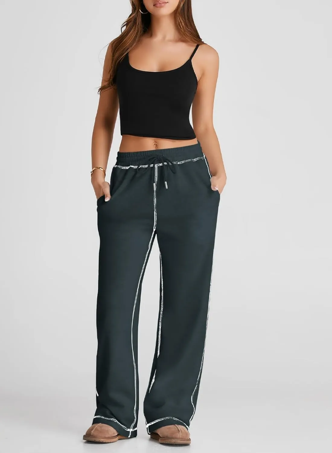 Herseas High Waisted Sweatpants for Women 2024 Fall Wide Leg Contrast Stitching Drawstring Loose Lounge Jogging Pants