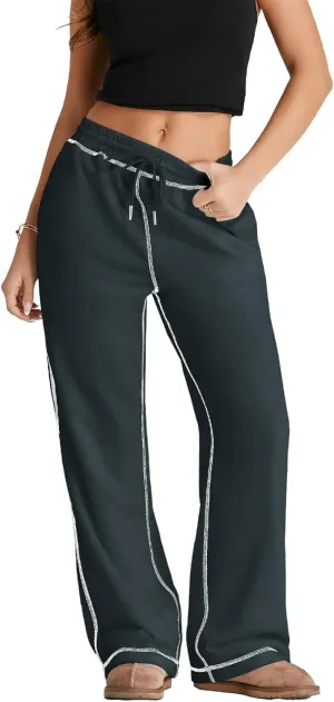 Herseas High Waisted Sweatpants for Women 2024 Fall Wide Leg Contrast Stitching Drawstring Loose Lounge Jogging Pants
