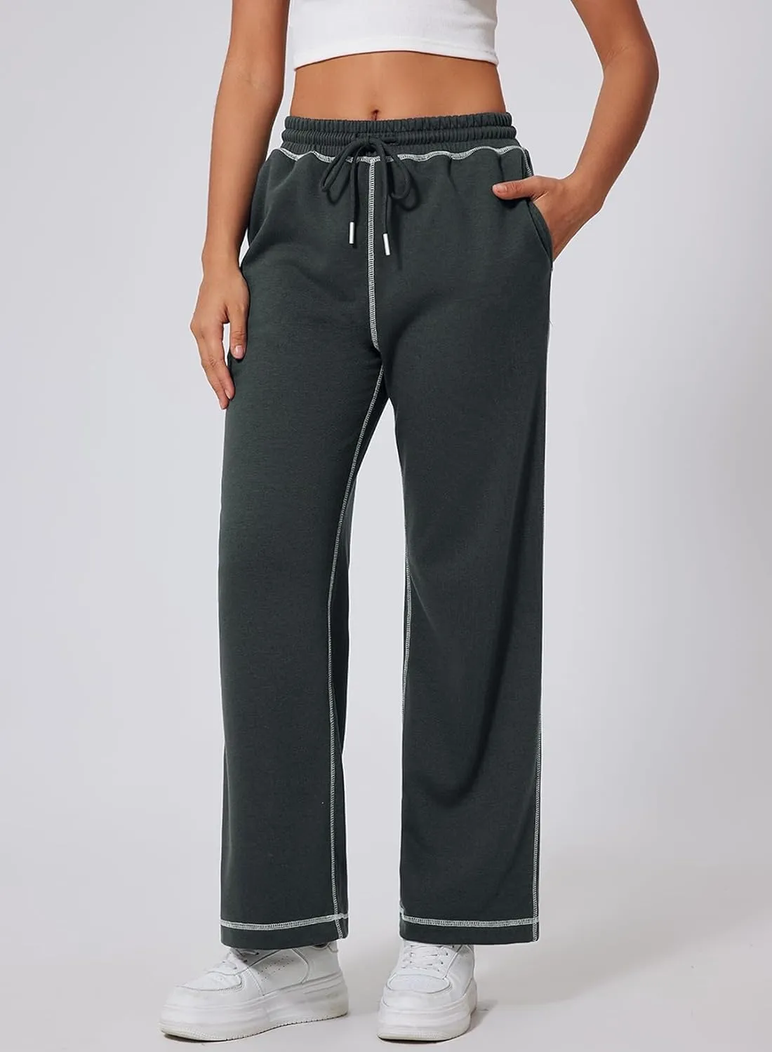 Herseas High Waisted Sweatpants for Women 2024 Fall Wide Leg Contrast Stitching Drawstring Loose Lounge Jogging Pants
