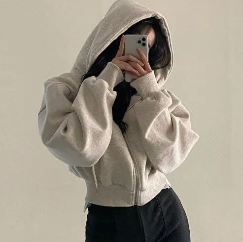 heyheyshine Women's Oversize Zip Up Hoodie Long Sleeve Cropped Cardigan Sweatshirt with Pocket Fall Outfits for Women 2024