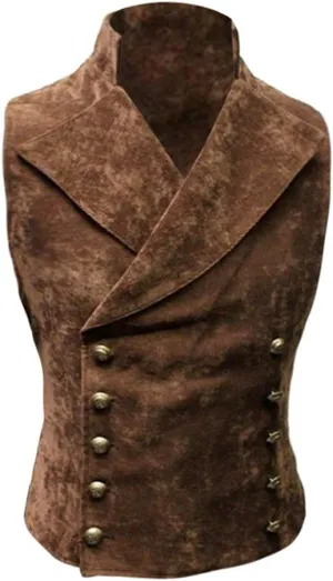 HFU Men's Faux Suede Double Breasted Vest Slim Fit Gothic Steampunk Waistcoat Gentleman Tuxedo Prom Party Formal Suit