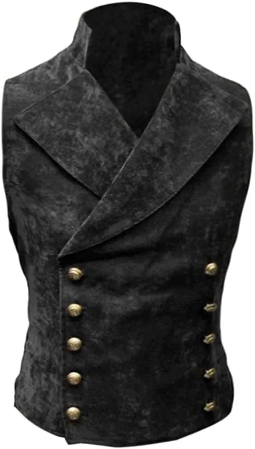 HFU Men's Faux Suede Double Breasted Vest Slim Fit Gothic Steampunk Waistcoat Gentleman Tuxedo Prom Party Formal Suit