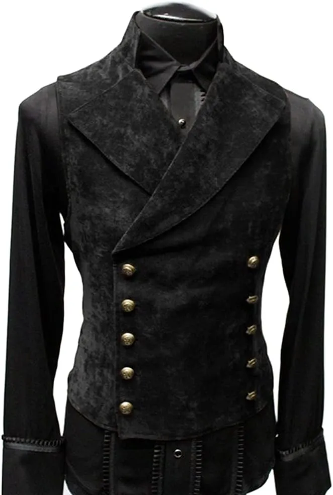 HFU Men's Faux Suede Double Breasted Vest Slim Fit Gothic Steampunk Waistcoat Gentleman Tuxedo Prom Party Formal Suit