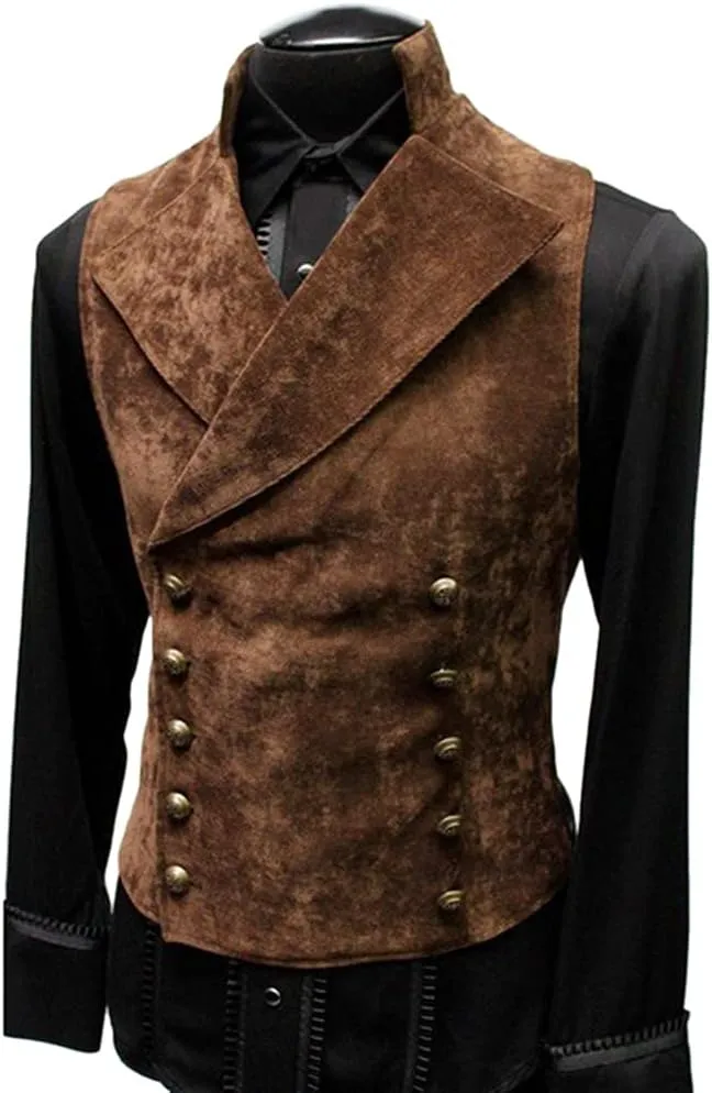 HFU Men's Faux Suede Double Breasted Vest Slim Fit Gothic Steampunk Waistcoat Gentleman Tuxedo Prom Party Formal Suit