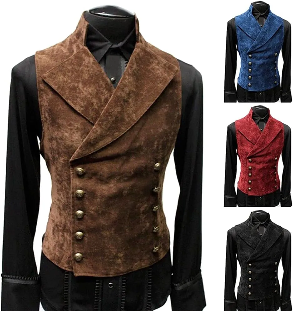 HFU Men's Faux Suede Double Breasted Vest Slim Fit Gothic Steampunk Waistcoat Gentleman Tuxedo Prom Party Formal Suit