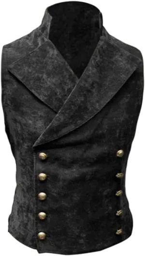 HFU Men's Faux Suede Double Breasted Vest Slim Fit Gothic Steampunk Waistcoat Gentleman Tuxedo Prom Party Formal Suit