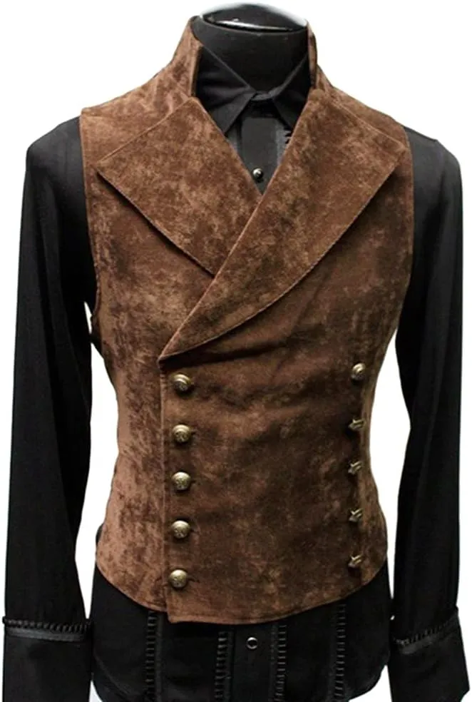 HFU Men's Faux Suede Double Breasted Vest Slim Fit Gothic Steampunk Waistcoat Gentleman Tuxedo Prom Party Formal Suit