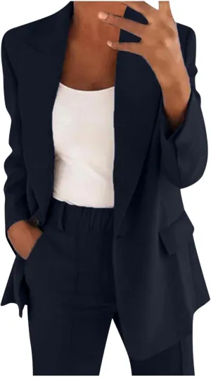 HGps8w 2 Piece Outfits for Women Dressy Work Pants Suits, Blazer Jacket & Straight-Leg Long Pants Business Casual Clothes