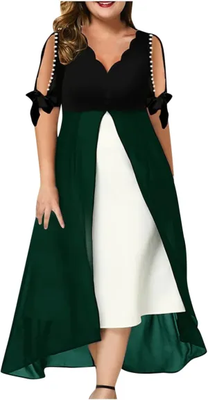 HGps8w Mother of The Bride Dresses for Women Plus Size Elegant V Neck Cold Shoulder Lace Chiffon Flowy Formal Evening Dress