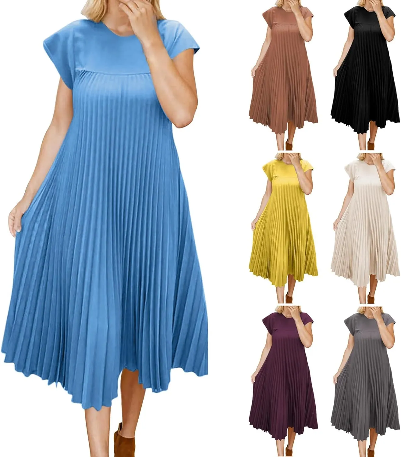 HGps8w Summer Dresses for Women 2025 Elegant Pleated A-Line Swing Wedding Guests Dress Loose Cap Sleeve Solid Midi Skirt