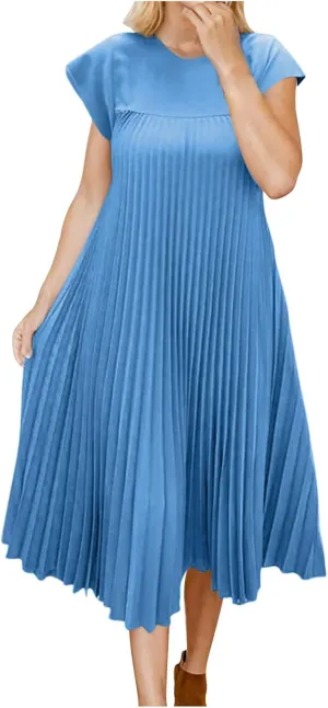HGps8w Summer Dresses for Women 2025 Elegant Pleated A-Line Swing Wedding Guests Dress Loose Cap Sleeve Solid Midi Skirt