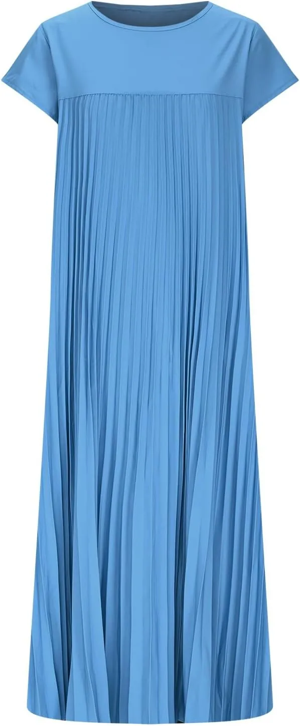 HGps8w Summer Dresses for Women 2025 Elegant Pleated A-Line Swing Wedding Guests Dress Loose Cap Sleeve Solid Midi Skirt