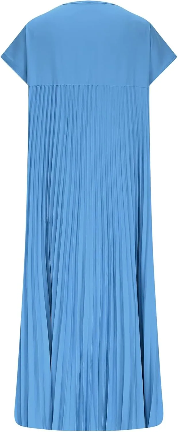 HGps8w Summer Dresses for Women 2025 Elegant Pleated A-Line Swing Wedding Guests Dress Loose Cap Sleeve Solid Midi Skirt