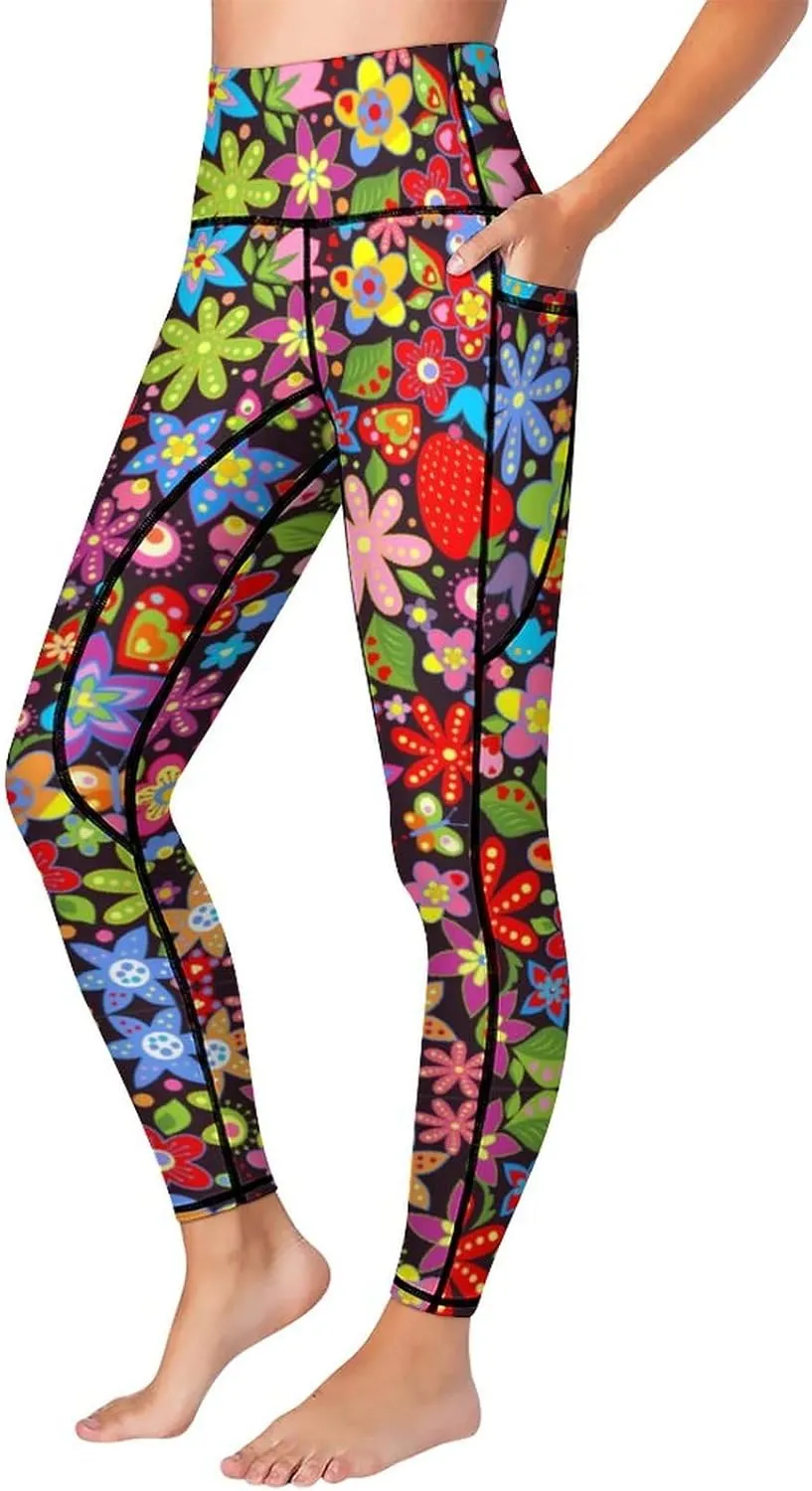 High Waist Yoga Pants with Pockets Tummy Control Workout Running 4 Way Stretch Yoga Leggings for Girls Women