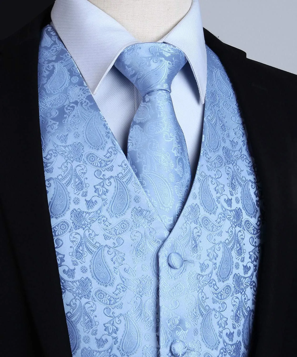 HISDERN 3PC Men's Paisley Floral Jacquard Suit Vest & Necktie and Pocket Square Formal Waistcoat for Tuxedo Wedding Party
