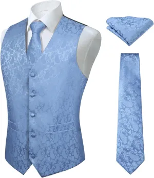 HISDERN 3PC Men's Paisley Floral Jacquard Suit Vest & Necktie and Pocket Square Formal Waistcoat for Tuxedo Wedding Party