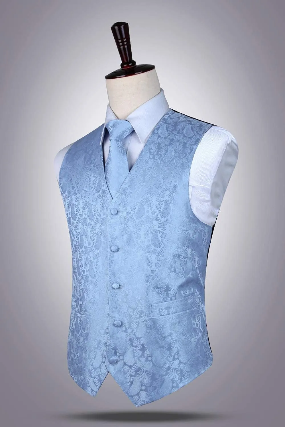 HISDERN 3PC Men's Paisley Floral Jacquard Suit Vest & Necktie and Pocket Square Formal Waistcoat for Tuxedo Wedding Party