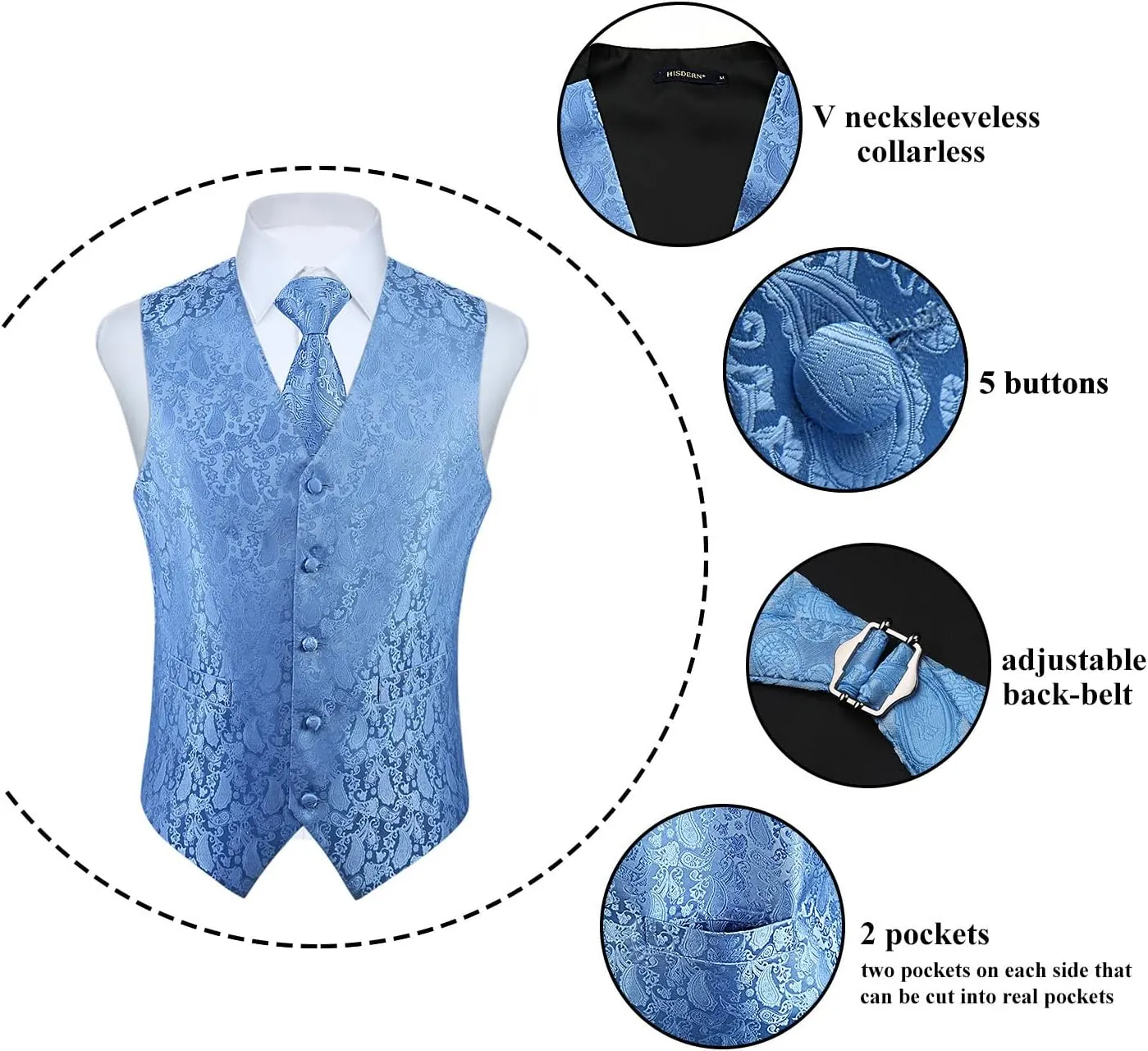 HISDERN 3PC Men's Paisley Floral Jacquard Suit Vest & Necktie and Pocket Square Formal Waistcoat for Tuxedo Wedding Party