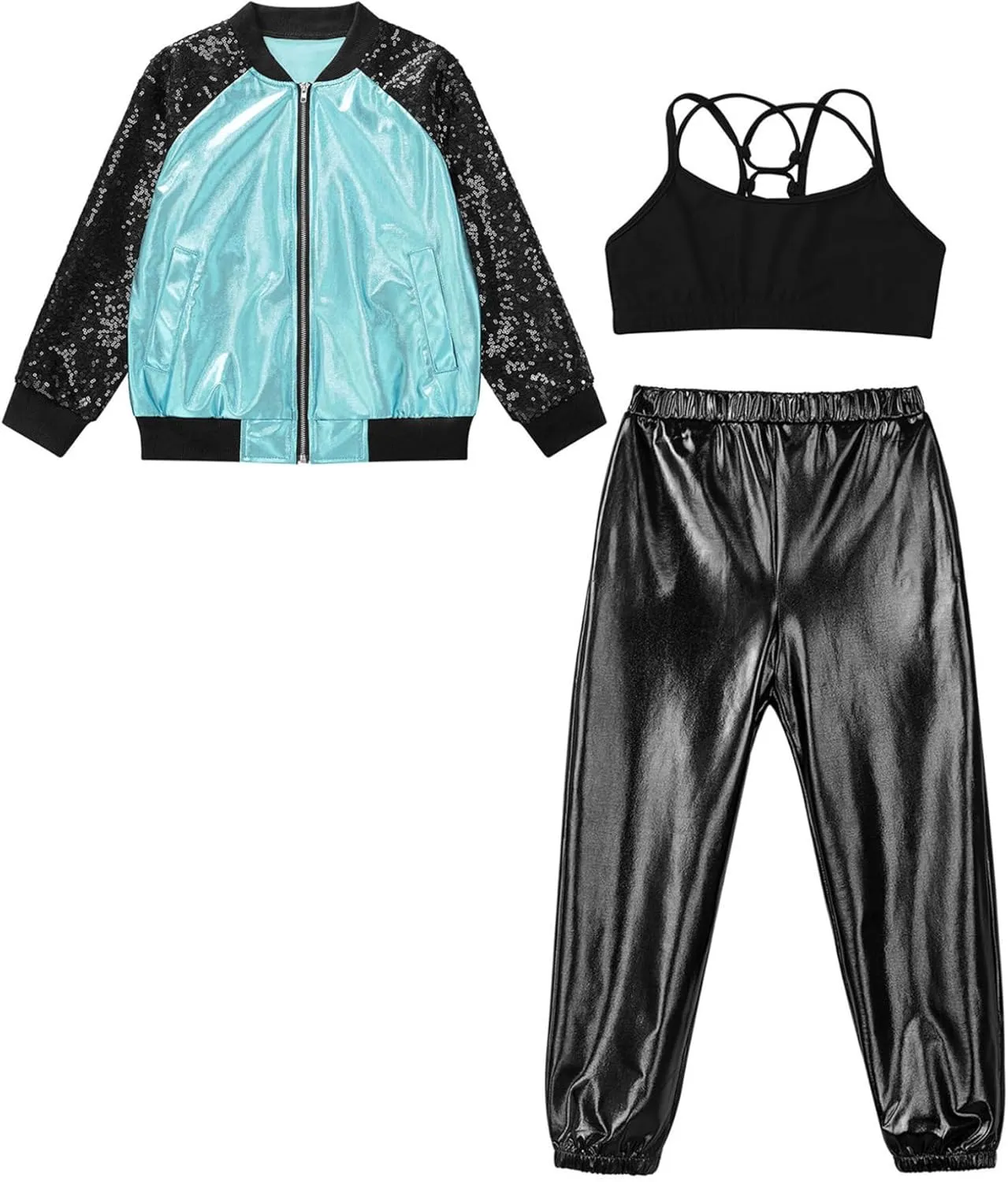 Hularka Kids Girls Jazz Hip-hop Street Dance Outfits Long Sleeve Jacket Bomber Coat Sports Bra Vest with Harem Pants Set