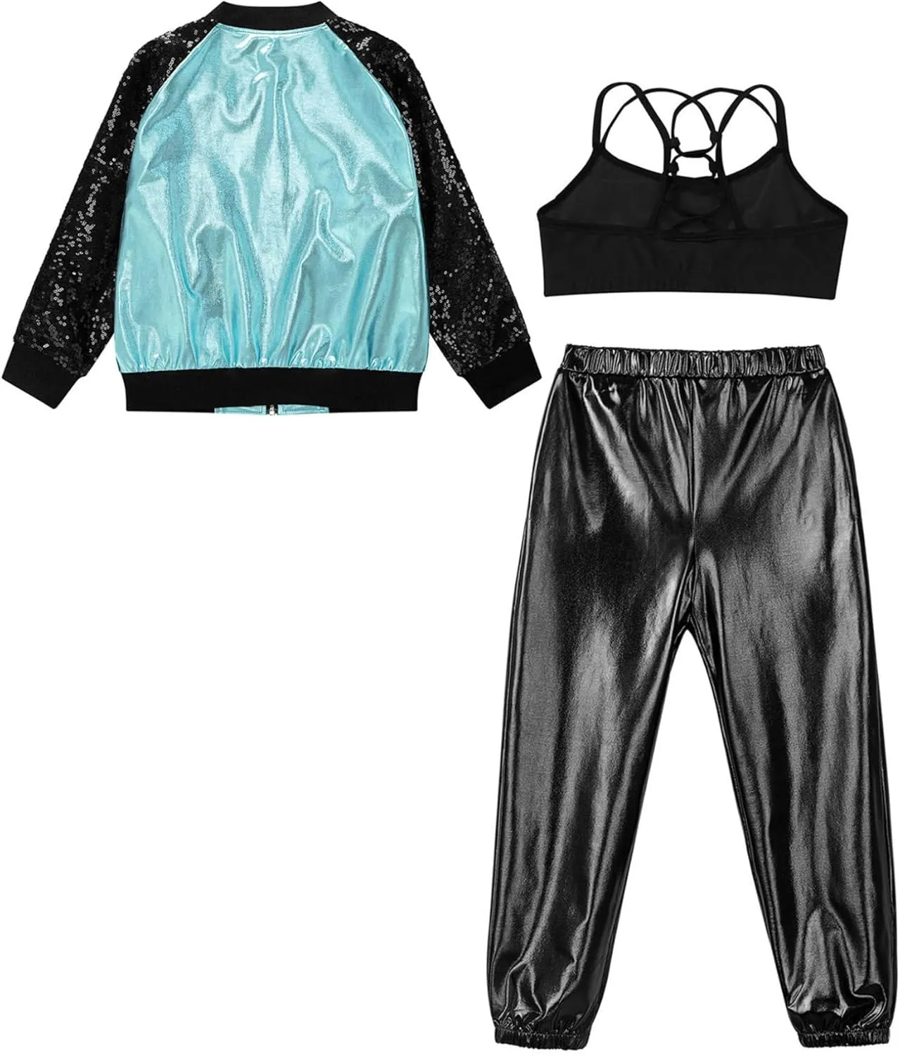 Hularka Kids Girls Jazz Hip-hop Street Dance Outfits Long Sleeve Jacket Bomber Coat Sports Bra Vest with Harem Pants Set