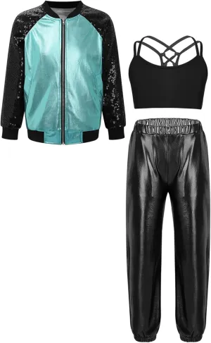 Hularka Kids Girls Jazz Hip-hop Street Dance Outfits Long Sleeve Jacket Bomber Coat Sports Bra Vest with Harem Pants Set