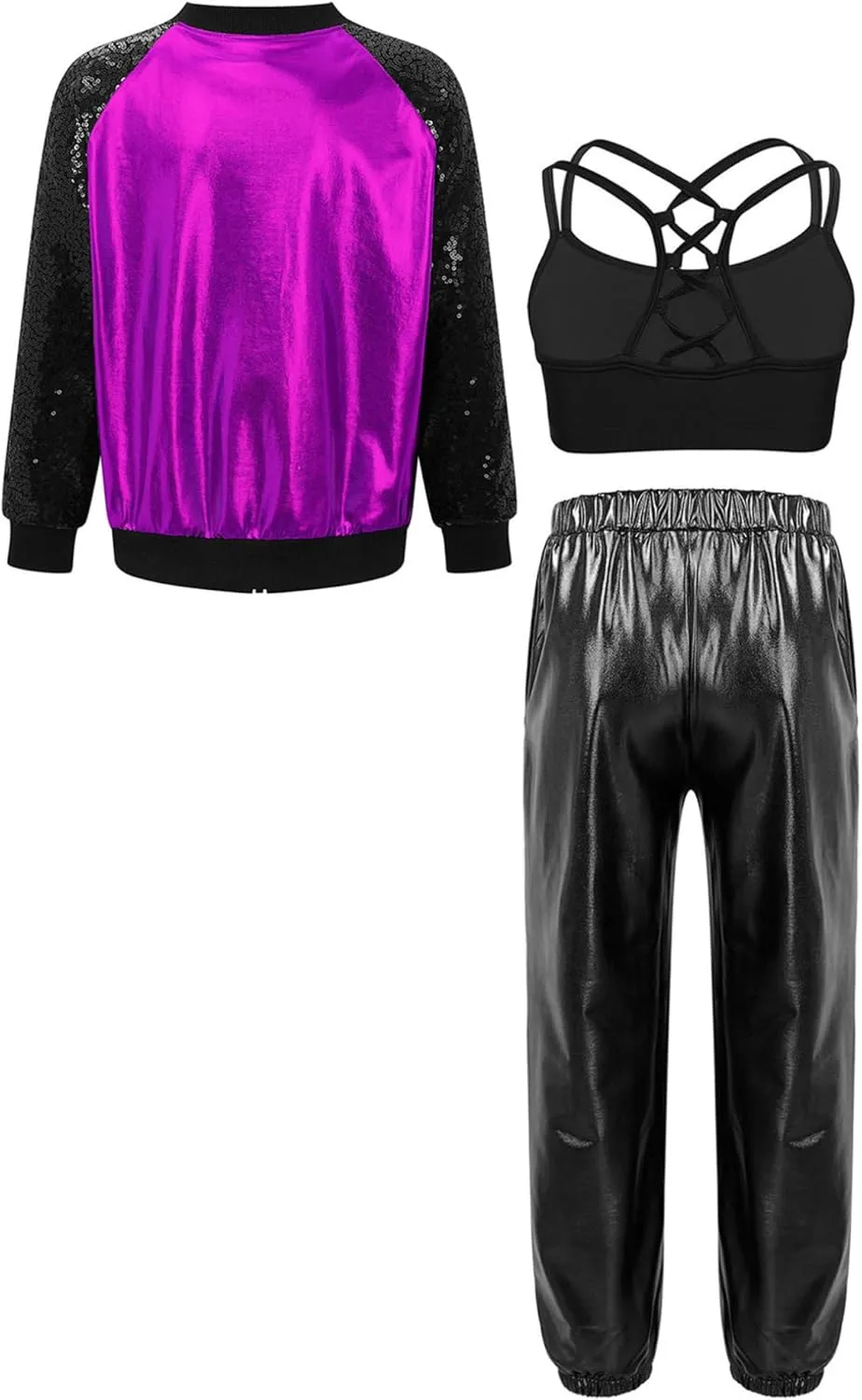 Hularka Kids Girls Jazz Hip-hop Street Dance Outfits Long Sleeve Jacket Bomber Coat Sports Bra Vest with Harem Pants Set