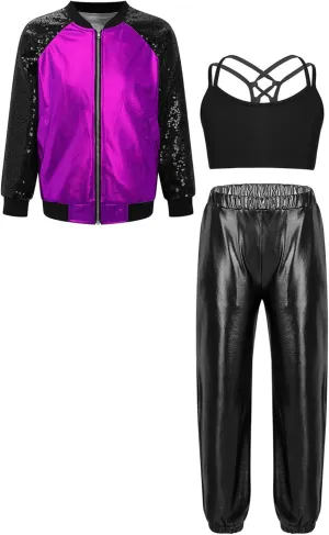 Hularka Kids Girls Jazz Hip-hop Street Dance Outfits Long Sleeve Jacket Bomber Coat Sports Bra Vest with Harem Pants Set