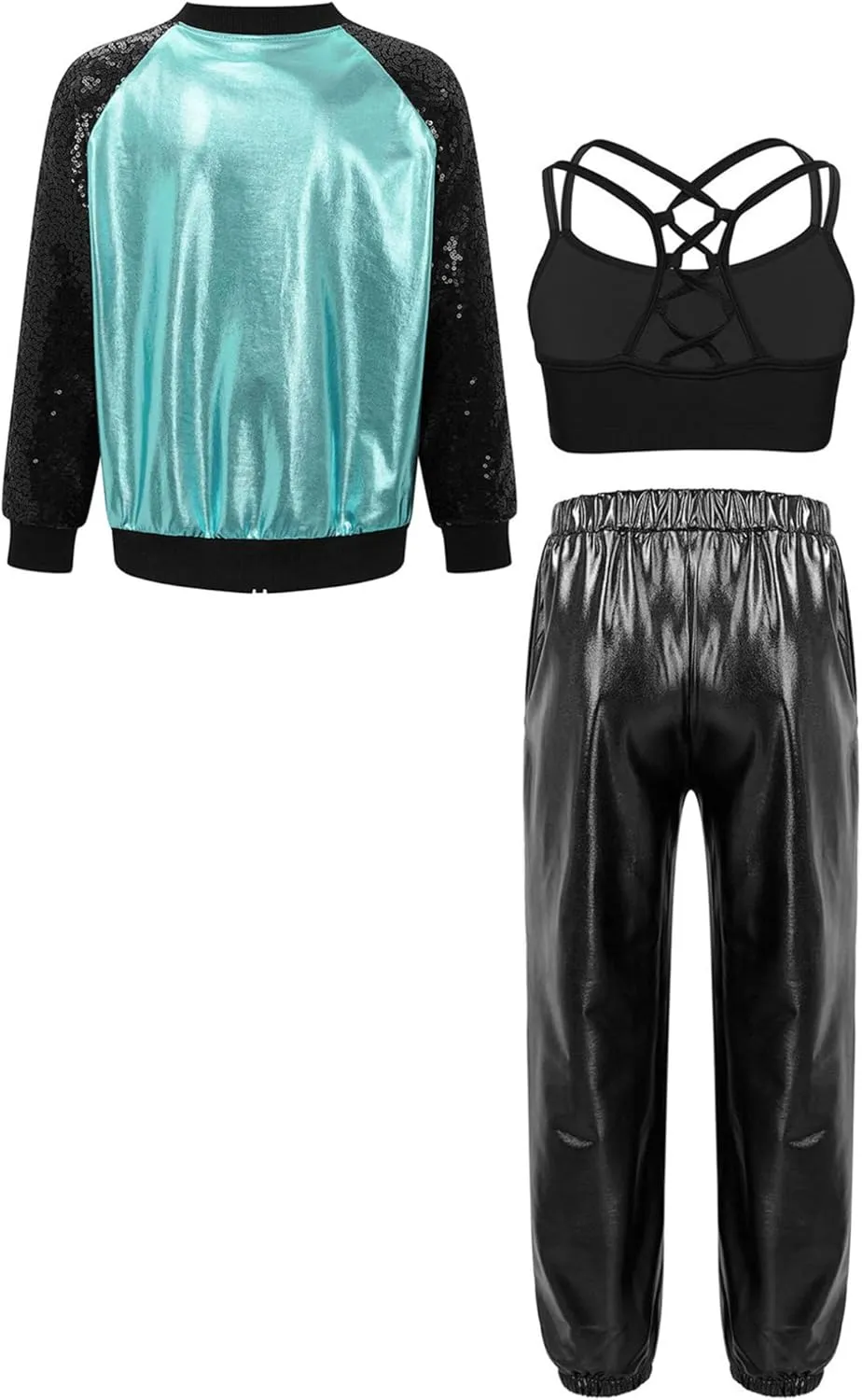 Hularka Kids Girls Jazz Hip-hop Street Dance Outfits Long Sleeve Jacket Bomber Coat Sports Bra Vest with Harem Pants Set
