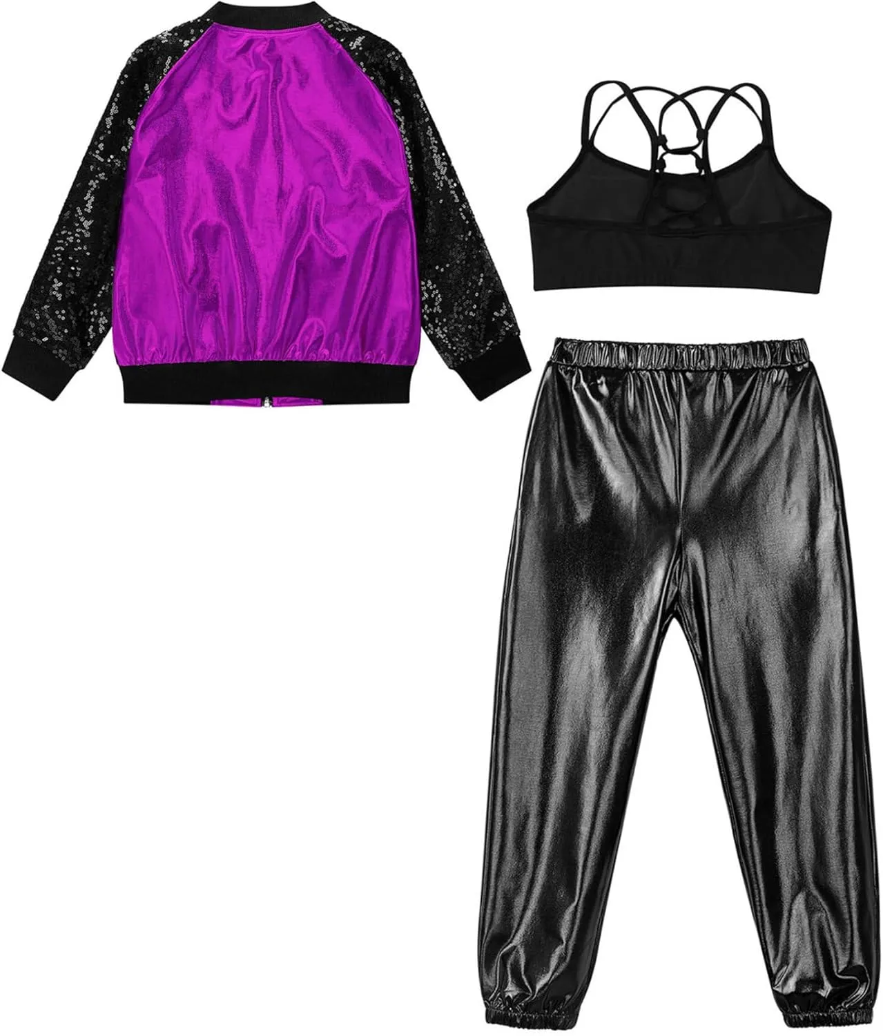Hularka Kids Girls Jazz Hip-hop Street Dance Outfits Long Sleeve Jacket Bomber Coat Sports Bra Vest with Harem Pants Set