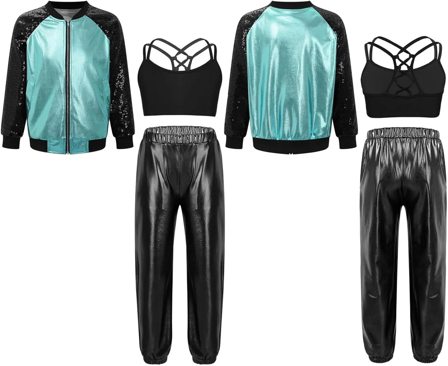 Hularka Kids Girls Jazz Hip-hop Street Dance Outfits Long Sleeve Jacket Bomber Coat Sports Bra Vest with Harem Pants Set