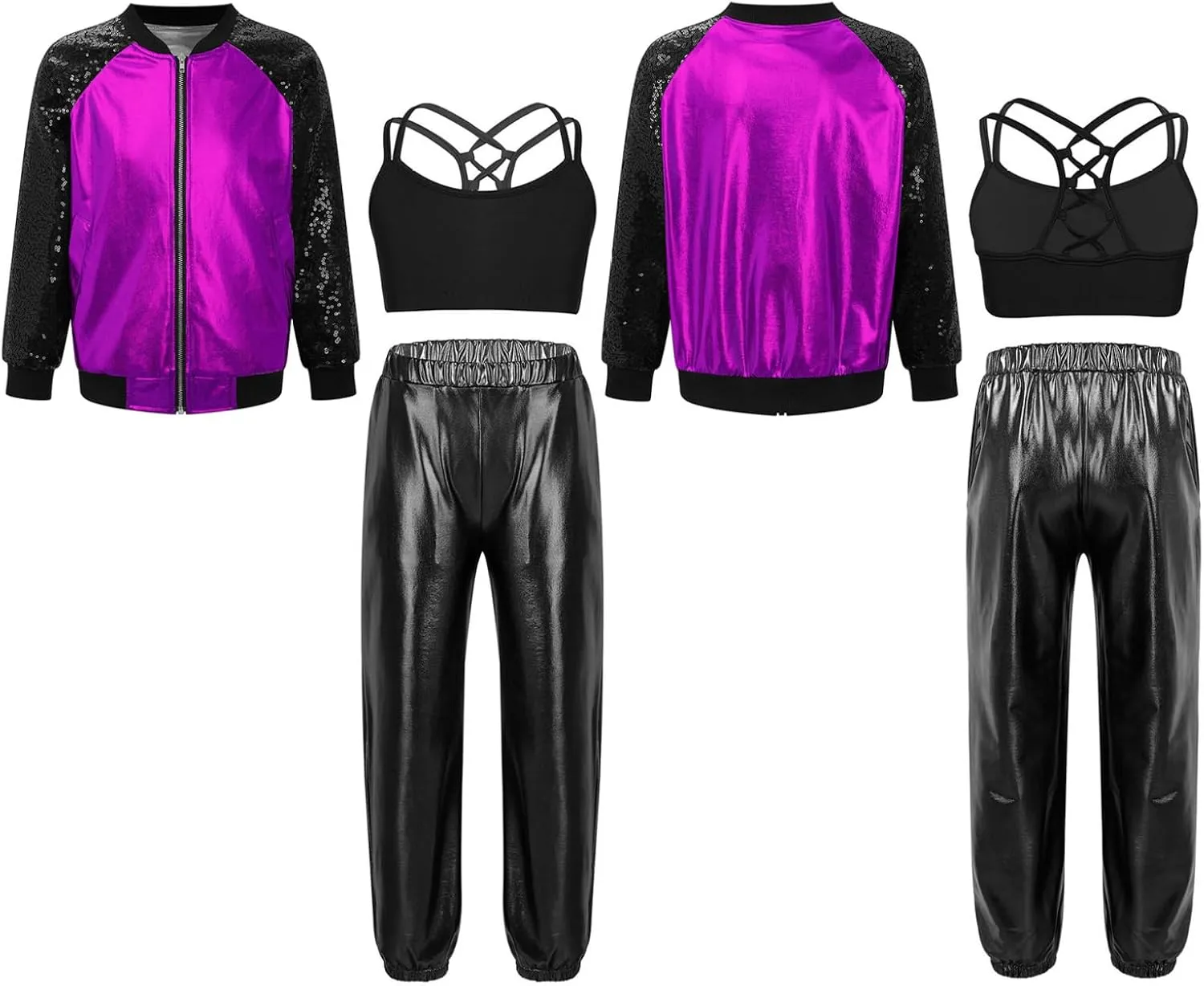 Hularka Kids Girls Jazz Hip-hop Street Dance Outfits Long Sleeve Jacket Bomber Coat Sports Bra Vest with Harem Pants Set