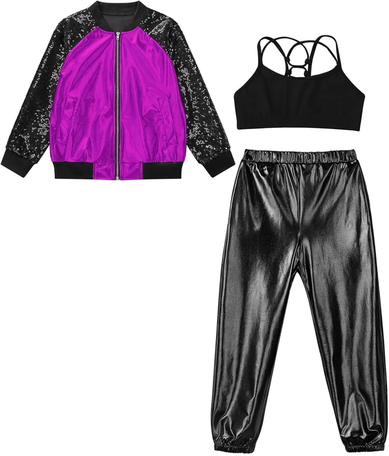 Hularka Kids Girls Jazz Hip-hop Street Dance Outfits Long Sleeve Jacket Bomber Coat Sports Bra Vest with Harem Pants Set