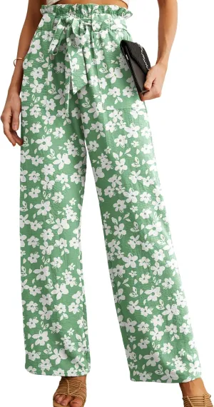 IWOLLENCE Women's Wide Leg Pants with Pockets High Waist Adjustable Knot Loose Casual Trousers Business Work Casual Pants