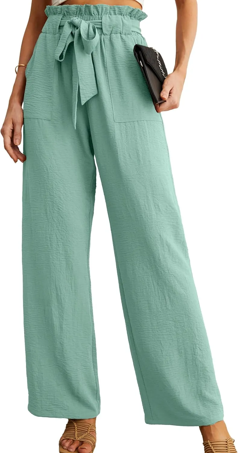 IWOLLENCE Women's Wide Leg Pants with Pockets High Waist Adjustable Knot Loose Casual Trousers Business Work Casual Pants