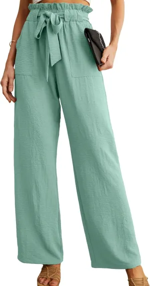 IWOLLENCE Women's Wide Leg Pants with Pockets High Waist Adjustable Knot Loose Casual Trousers Business Work Casual Pants