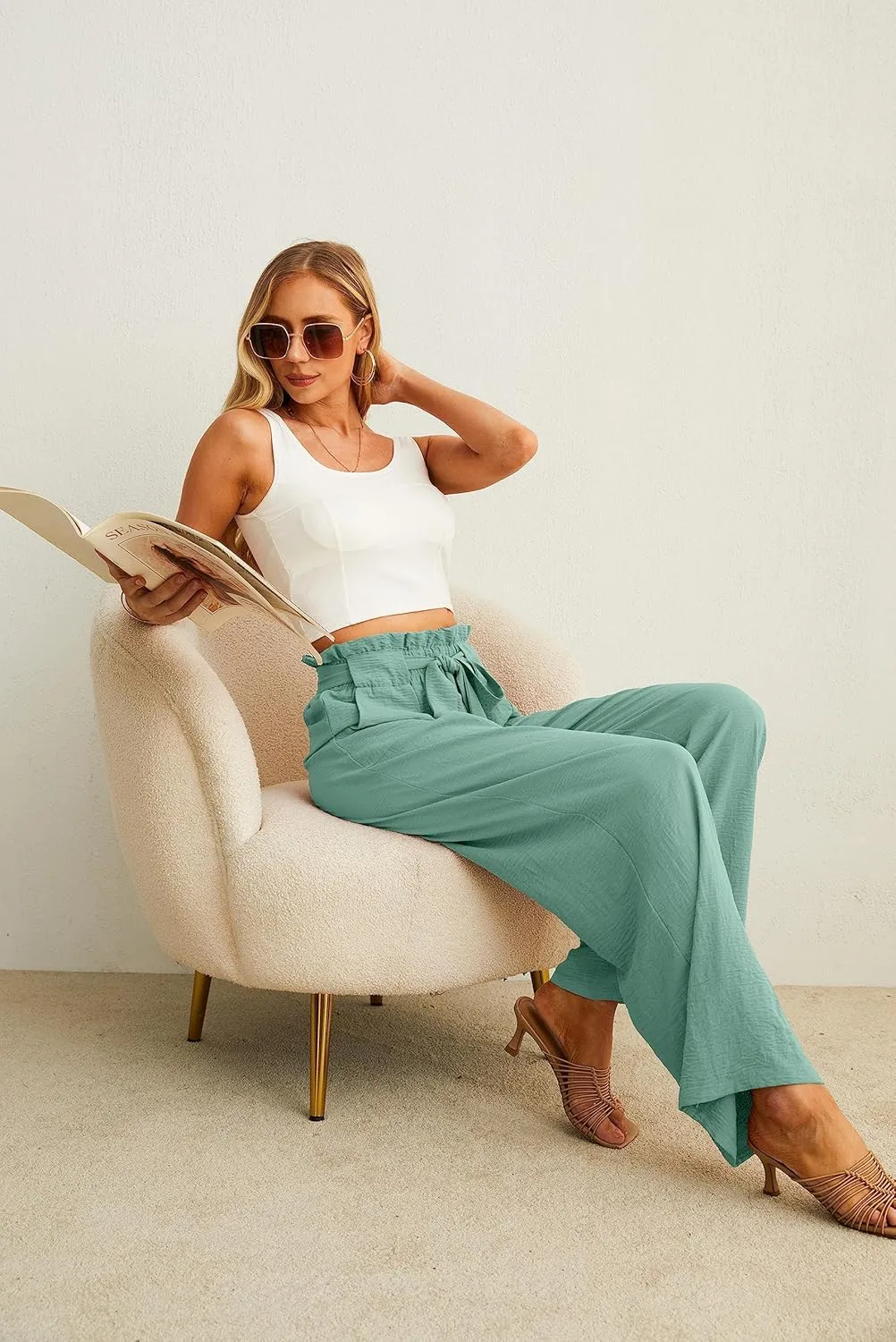 IWOLLENCE Women's Wide Leg Pants with Pockets High Waist Adjustable Knot Loose Casual Trousers Business Work Casual Pants