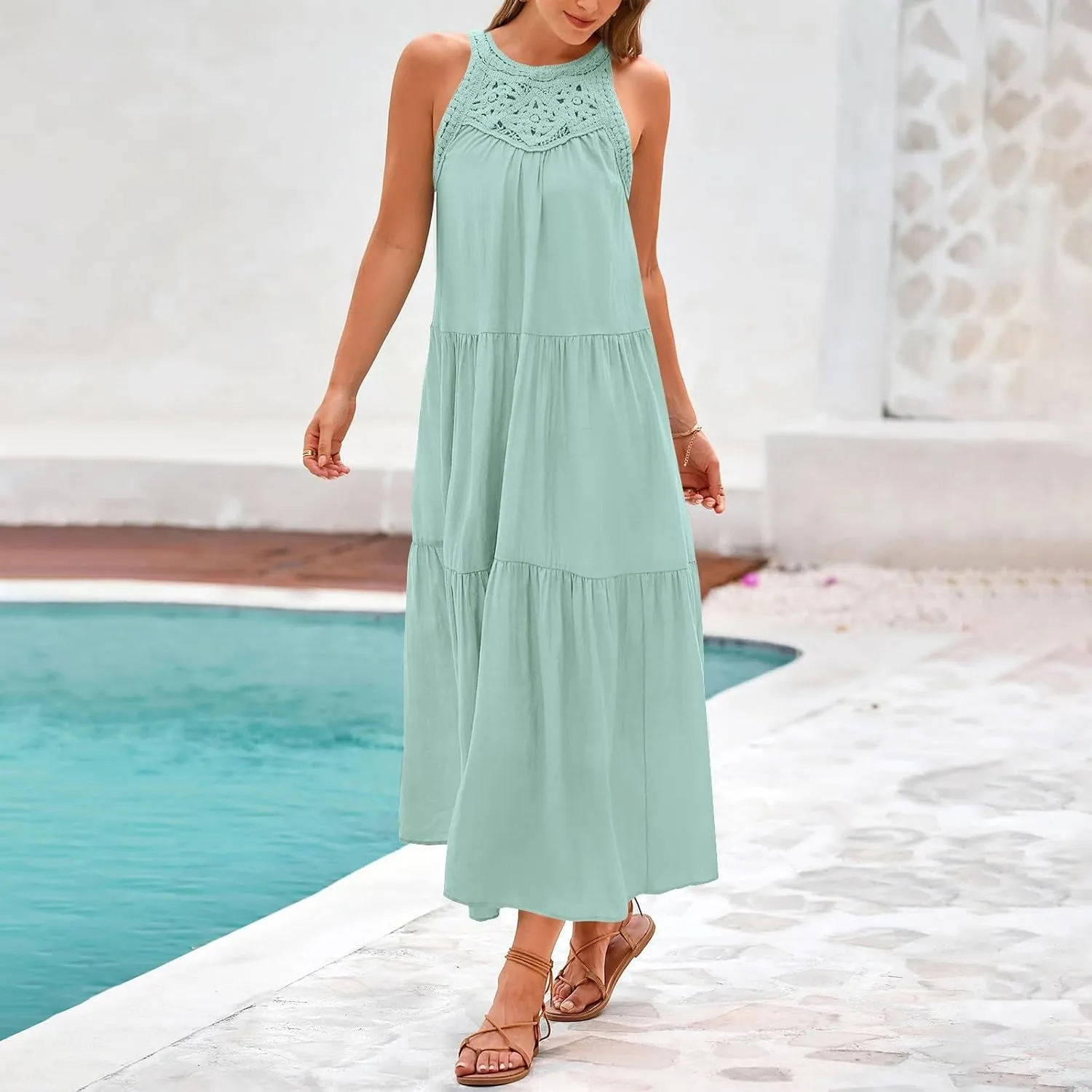 JOAU Summer Tank Dresses for Women 2025 Casual Hollow Out Halter Neck Sleeveless Boho Sundress Tiered Ruffle Beach Maxi Dress