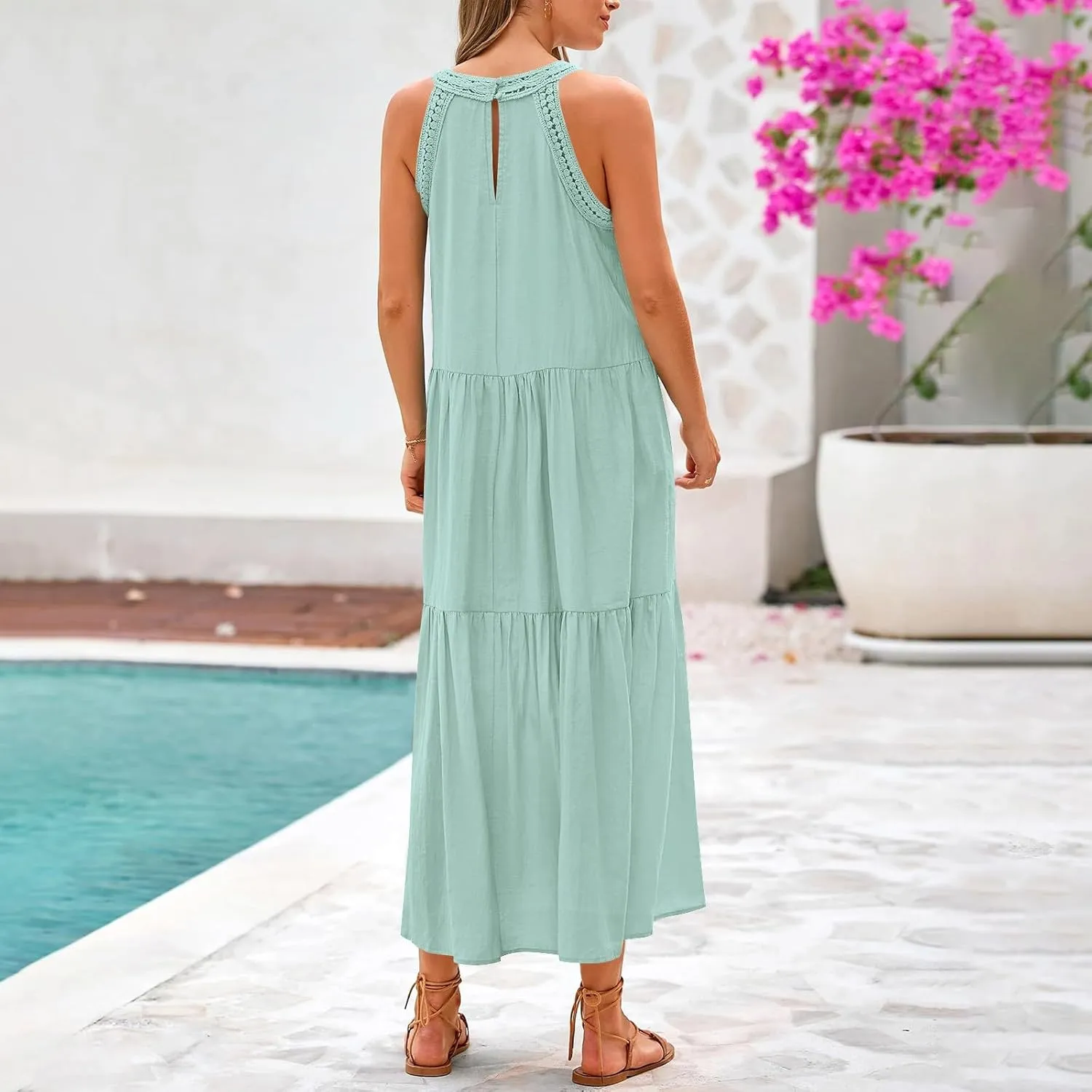 JOAU Summer Tank Dresses for Women 2025 Casual Hollow Out Halter Neck Sleeveless Boho Sundress Tiered Ruffle Beach Maxi Dress