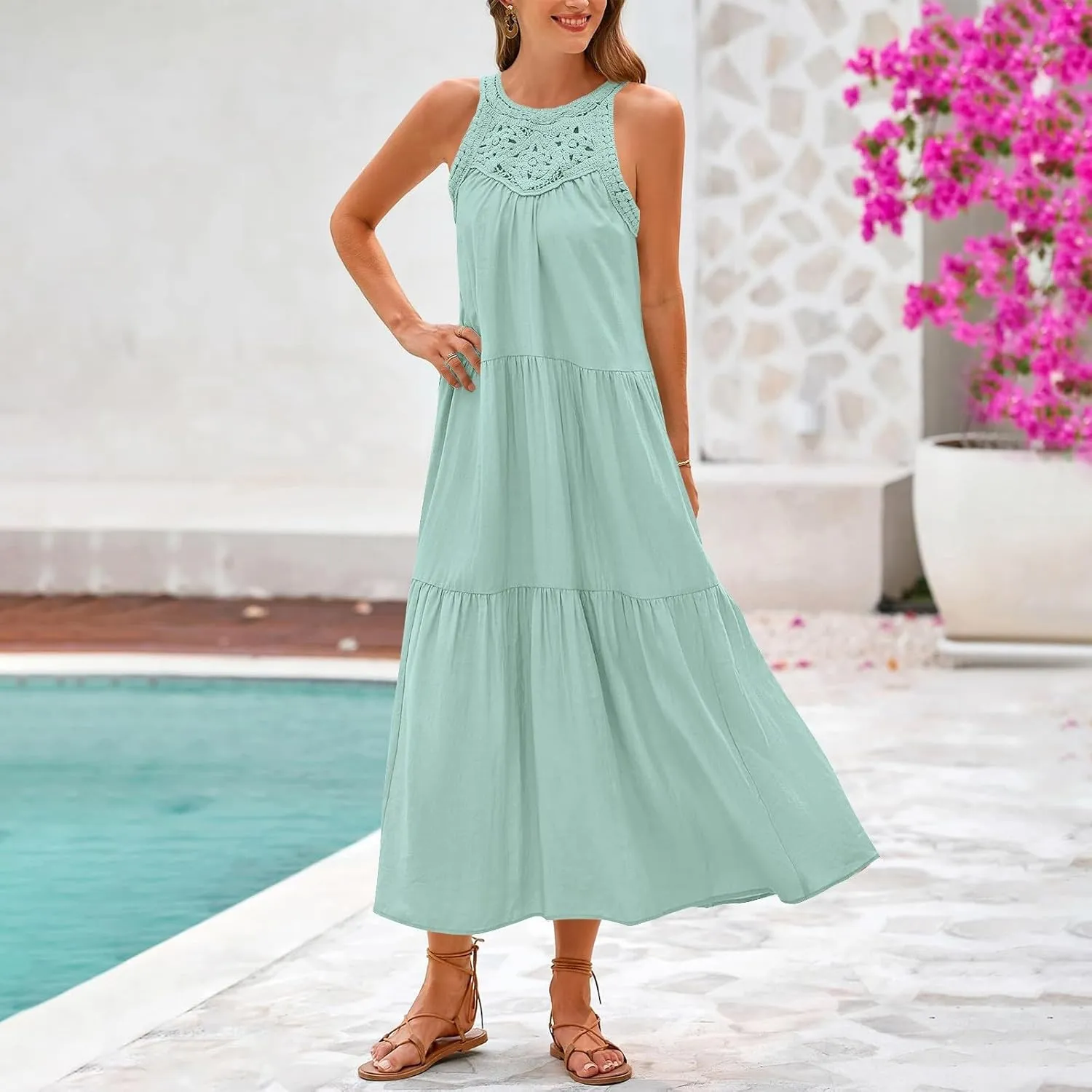 JOAU Summer Tank Dresses for Women 2025 Casual Hollow Out Halter Neck Sleeveless Boho Sundress Tiered Ruffle Beach Maxi Dress